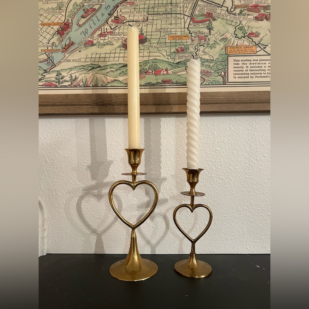 Vintage Brass Heart Candlesticks Pair